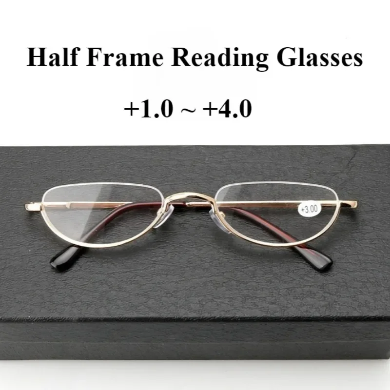 Klassische Lesebrille mit Halbrahmen, HD-Metall-Fishwire-Rack, stabile Feder-Brillenbeine, 1,0 2,0 3,0 3,5 4,0, glatt, gebogen