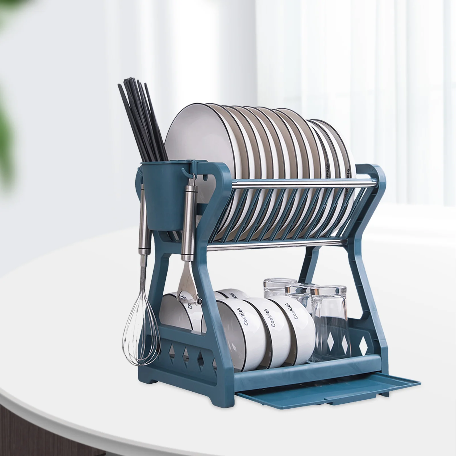 

Dish Drying Rack Kitchen Storage Multifunctional Countertop Draining Rack for Bowls Plates Cutlery with Drainboard Rustproof