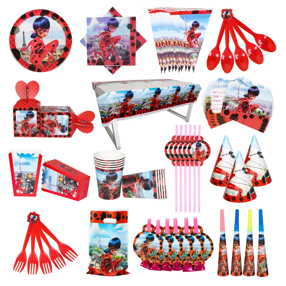 High Quality Cartoon Girl Lady Bug Themed Birthday Party Balloons Disposable Party Tableware Set Role-playing Baby Shower