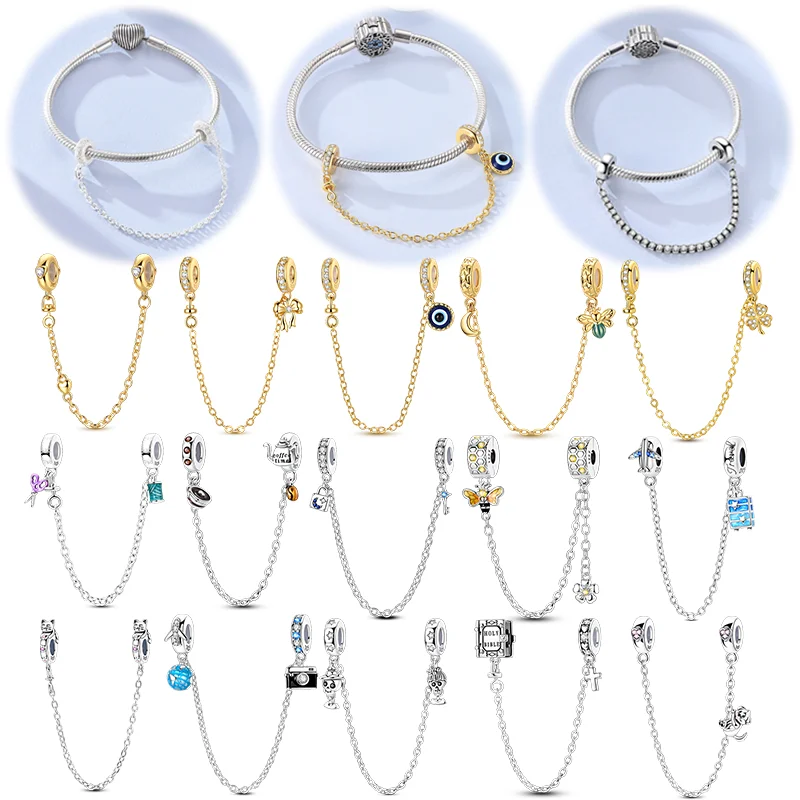 Hot Sale 925 Sterling Silver Safety Chains Clasp Clip Charms Bees Puppies Cats Fit Bracelet Dangle DIY Jewelry For Woman