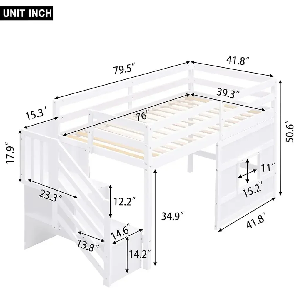 Low Loft Bed with Stairs, Shelves, LED Light, Playhouse Design, Under Bed Storage, Suitable for Boys and Girls