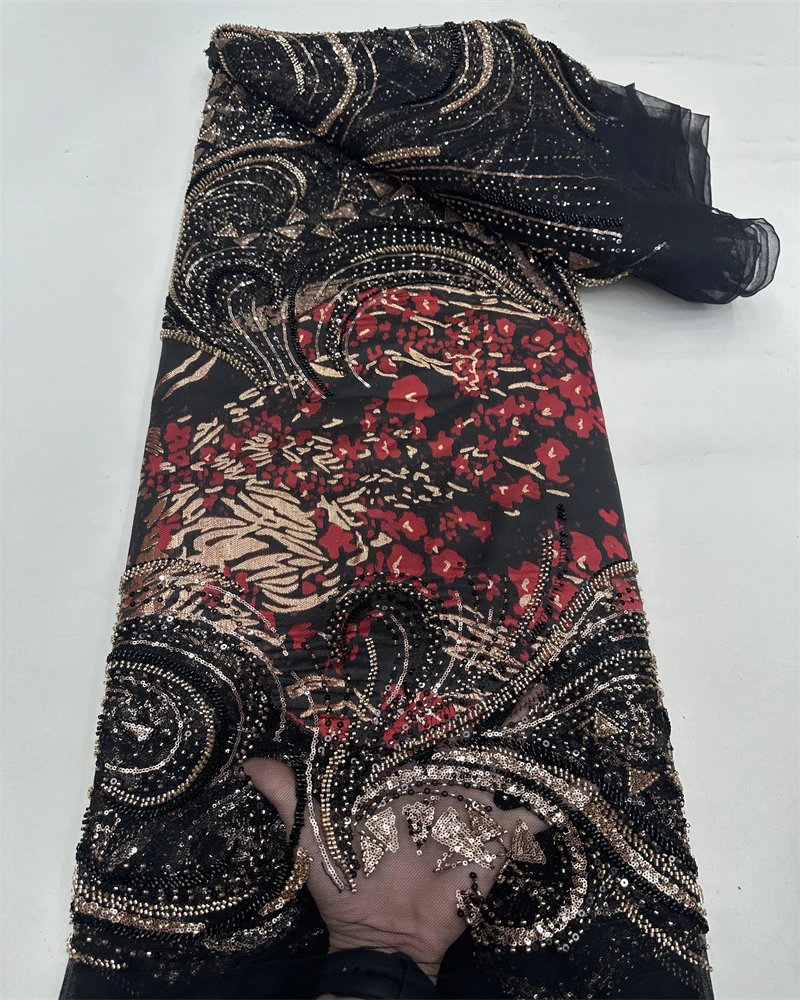 Madison African Sequins Pearls Lace Fabric  High Quality French Heavy Beaded Tulle Lace Fabric Nigeria For Bridal Dress