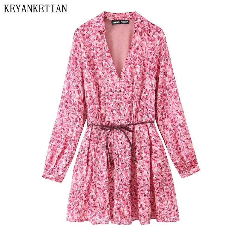 

KEYANKETIAN 2025 Spring New Holiday wind Flower Print Chiffon Mini Dress Women's V-Neck Long Sleeve With Belt Slim A Line Dress