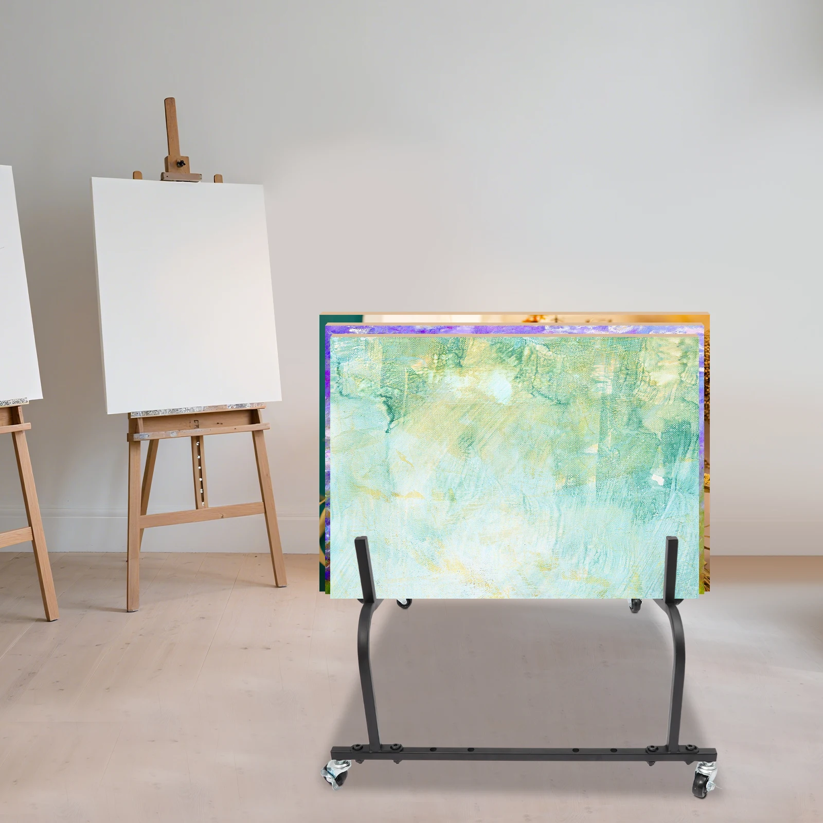 

Черная сталь 58x65x34,5 см, десятирамная стойка для хранения с тормозным колесом, регулируемая холщовая стойка для хранения