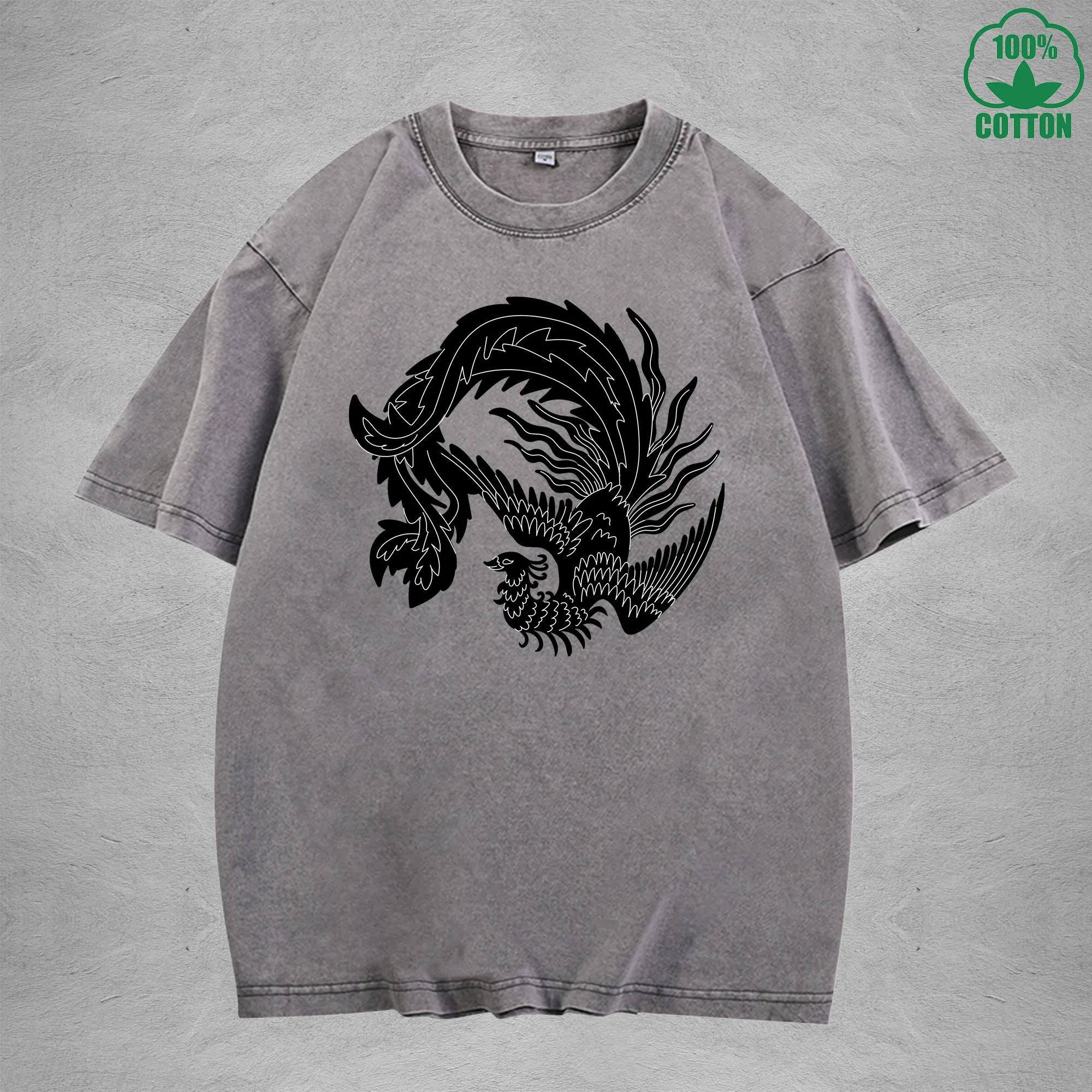 Phoenix Interest Printed Washed T-Shirt 230G Multicolor Loose Trendy Fashionable Cotton Short Sleeve Top