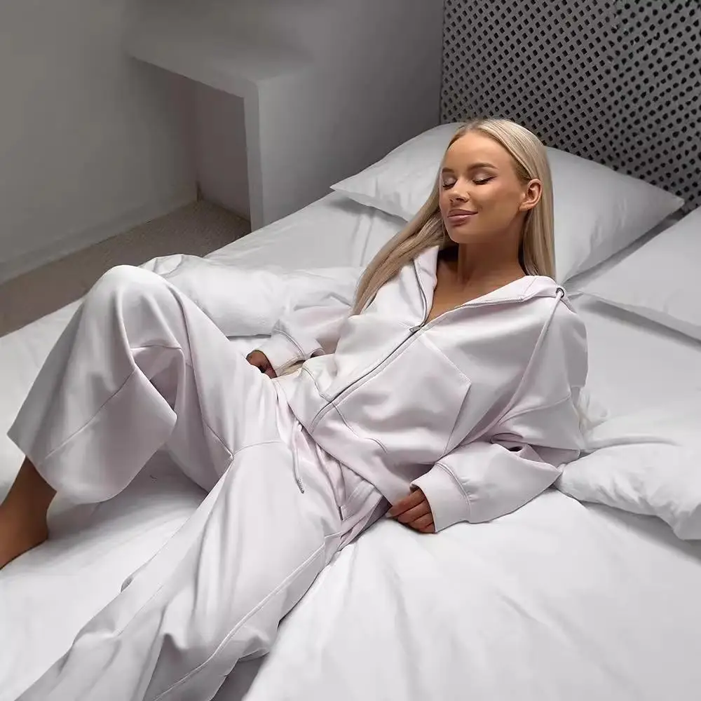 

Повседневный комплект из двух предметов, открытый кардиган с капюшоном на молнии, длинные брюки с поясом, женские трансграничные модные брюки из ПВХ со средней и низкой талией