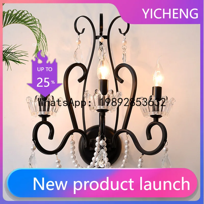 PYJ French retro light luxury bedroom bedside aisle black living room background wall crystal wall