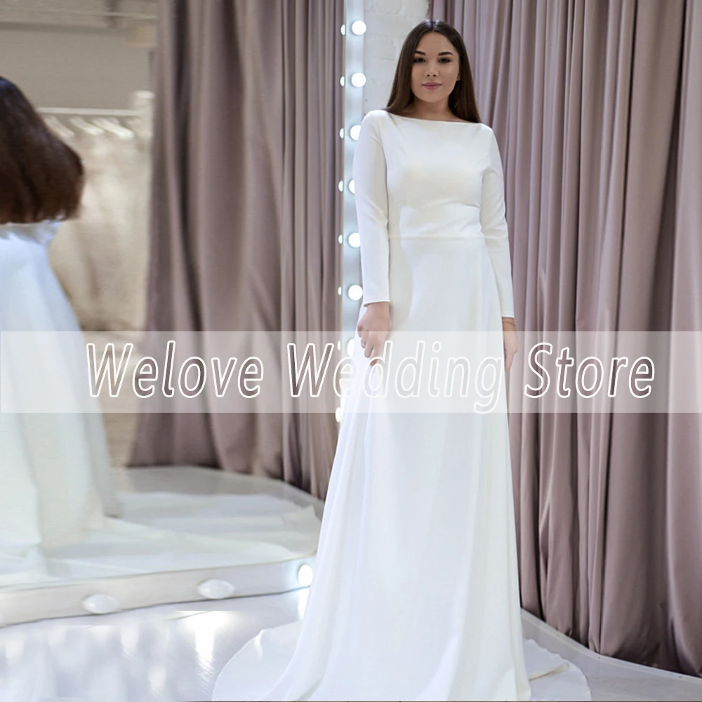 High Quality Civil Wedding Dress Boat Neck With Long Sleeve Bridal Gown White Backless Floor Length Plus Size Robe De Mariee