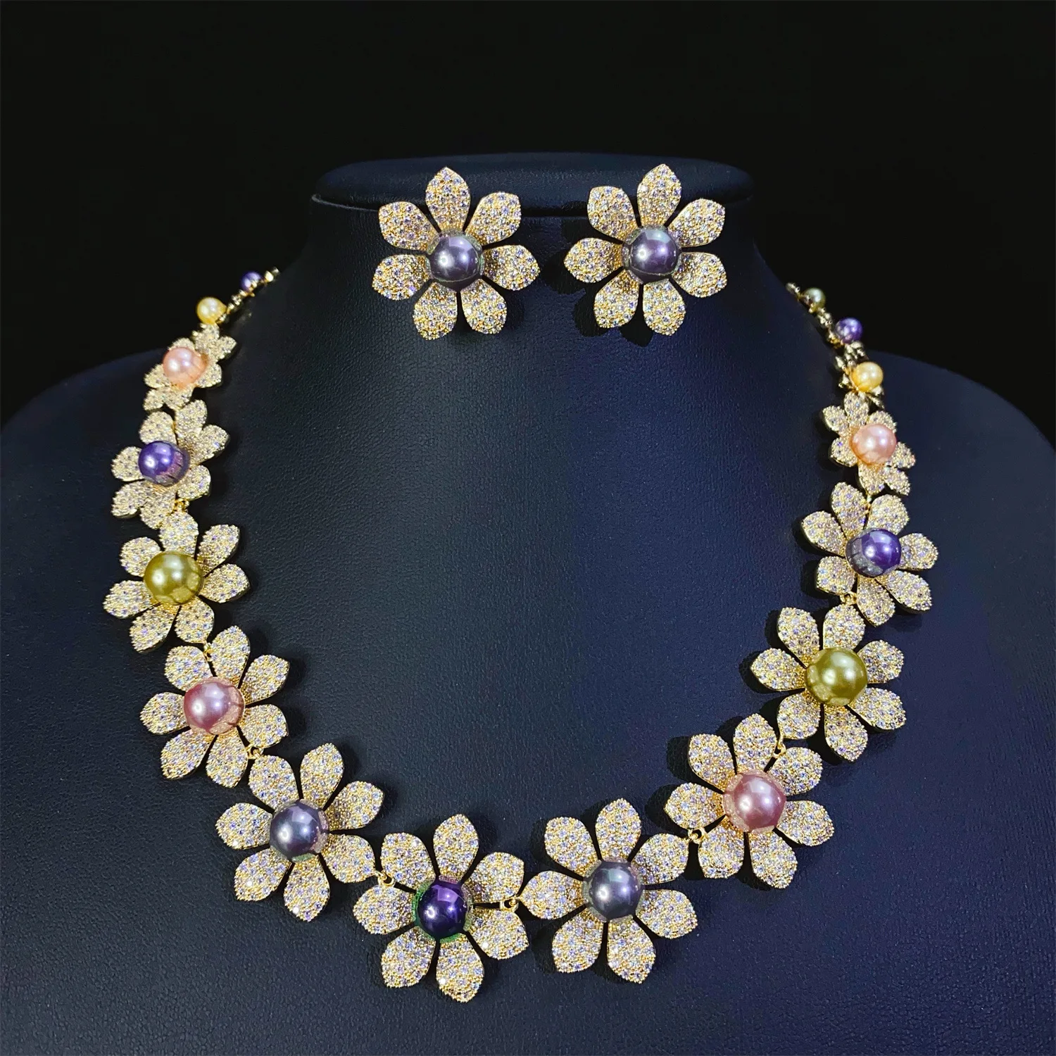 HIBRIDE Luxury Colourful Pearls Flower Pretty Women Jewelry Necklace Earrings Set Banquet Party Bridal Wedding Accessories S-502