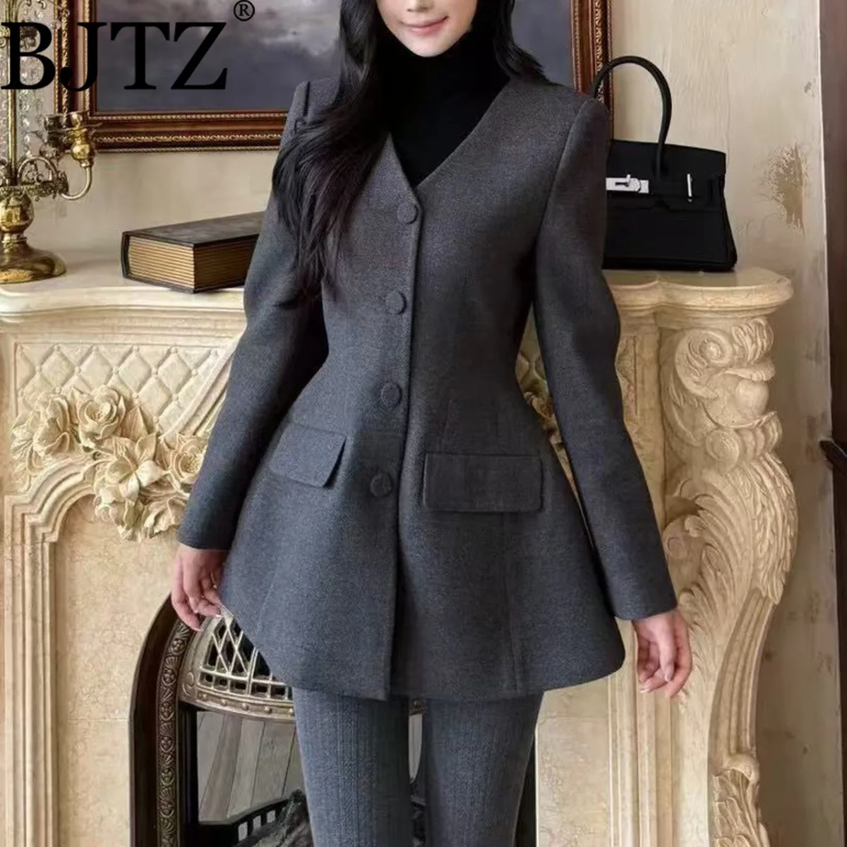 

BJTZ женское облегающее стеганое шерстяное пальто с v-образным вырезом и квадратными плечами, теплая теплая осенне-зимняя модная верхняя одежда, офисная повседневная одежда