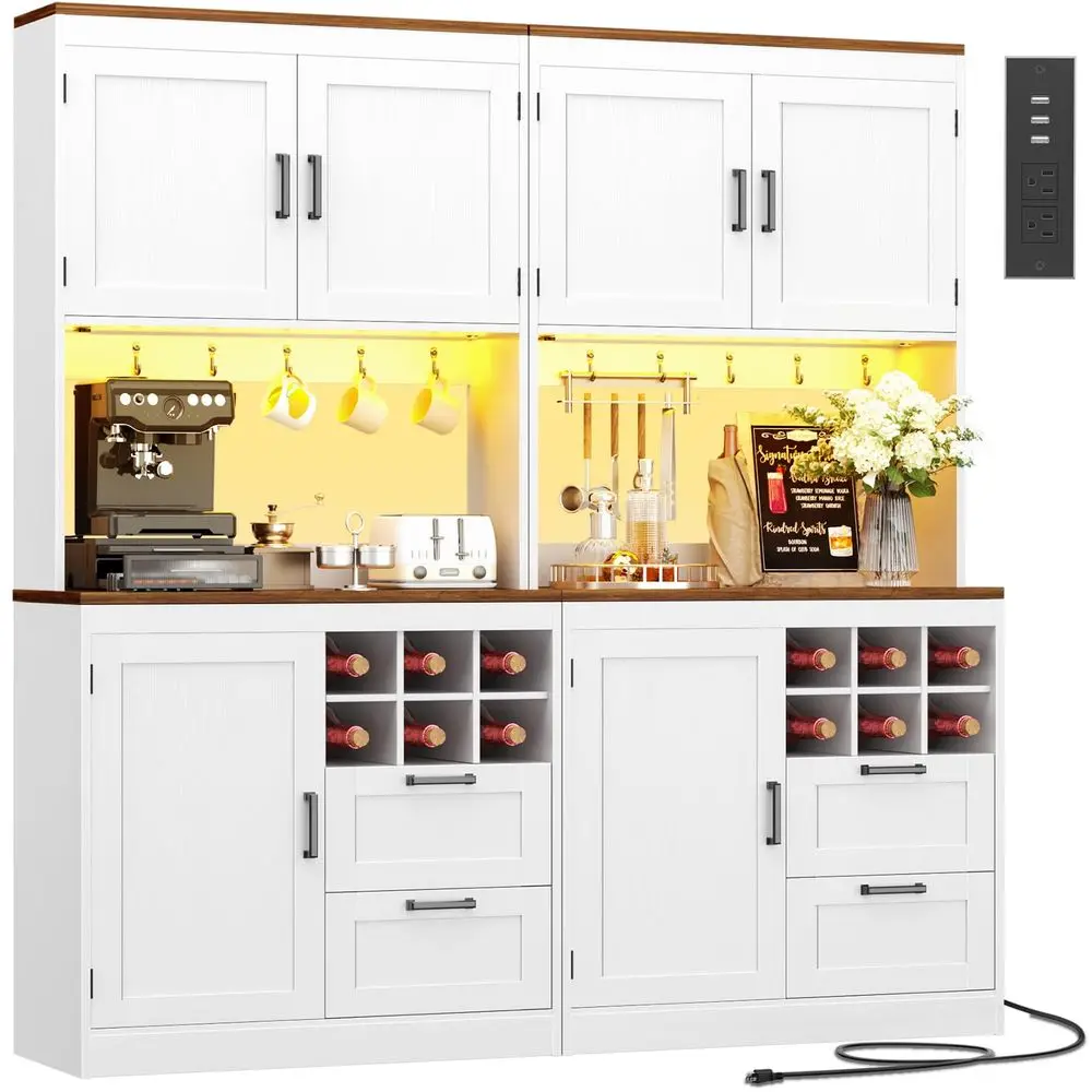 

72 Tall Pantry Cabinet, Kitchen Pantry Storage Cabinet with LED Light amp Outlet, 63 Wide Kitchen Hutch Bar with Microwave Stan