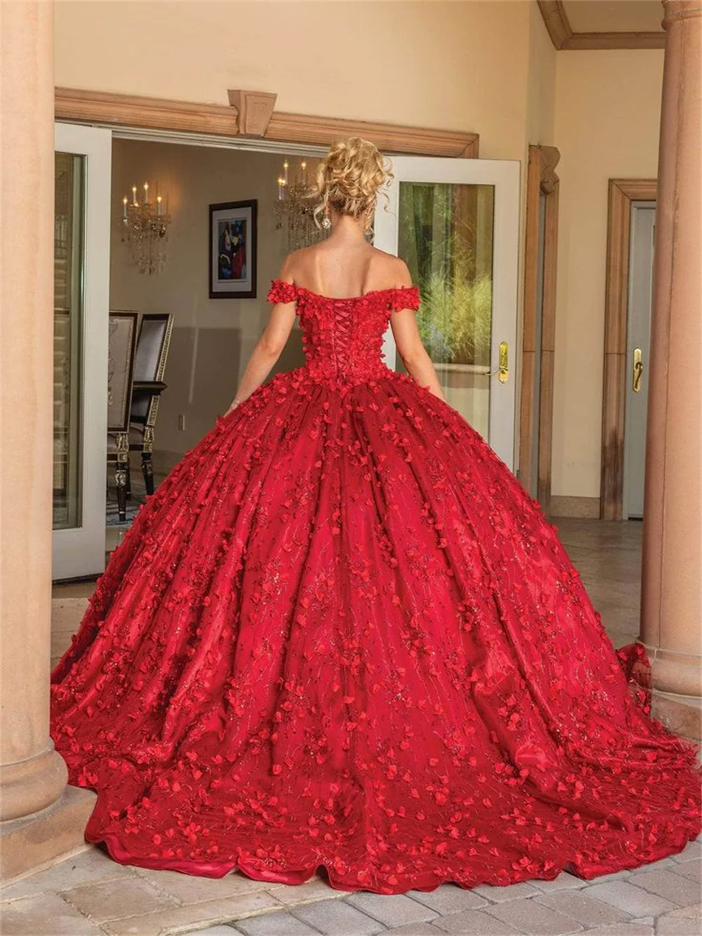 Vestido De novia con hombros descubiertos, traje rojo con flores en 3D, para baile De graduación