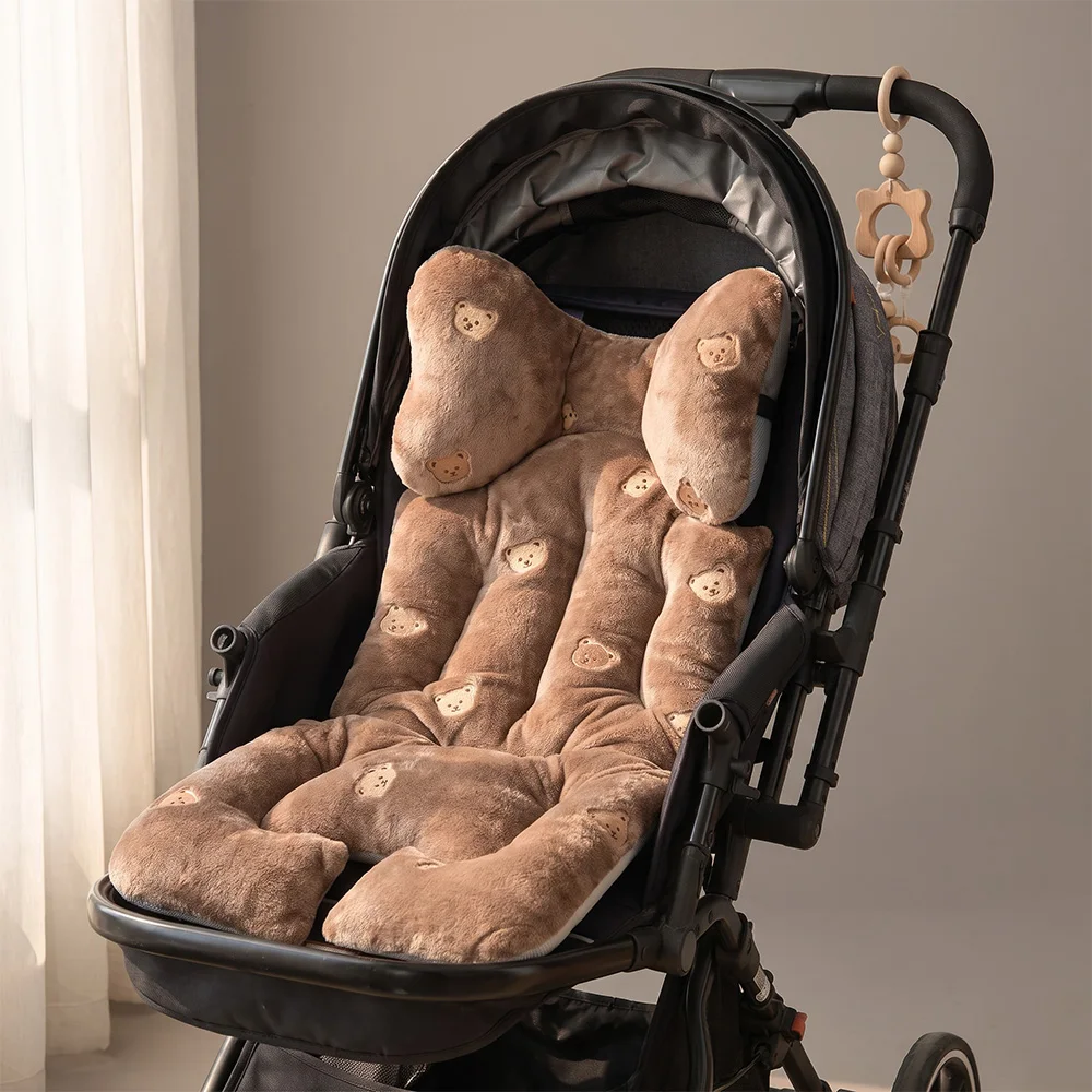 Baby Stroller Cushion with Plush Bear Pattern, Thickened Pad, Soft and Warm Stroller Liner, Universal Seat Cushion for Baby Strollers, Can Also Be Used for Some Baby High Chairs