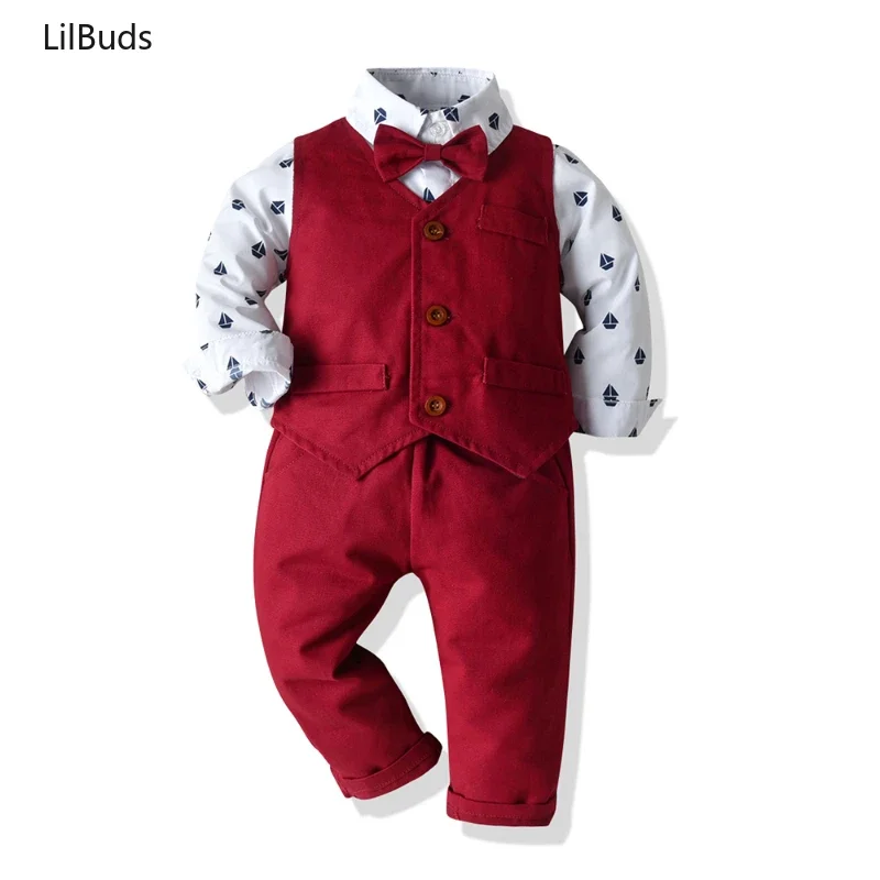 

2024 Kids Boys Cotton Suit Clothes Infant Wedding Party Costumes Bow Tie Tops+pants+vest Blazer Casual Children's Clothing Set