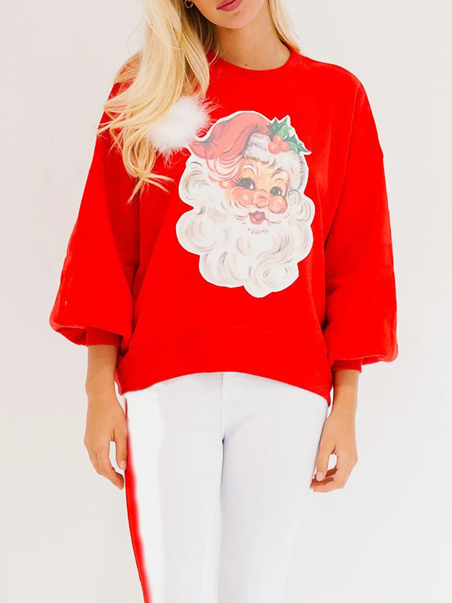 Frauen Weihnachten Lose Sweatshirt Langarm Rundhals Santa Claus Pullover