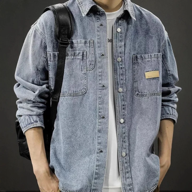 

Vintage Washed Shirt Men, Spring And Autumn New Trendy, Patchwork Loose Fit, Cool Workwear Shirt Men