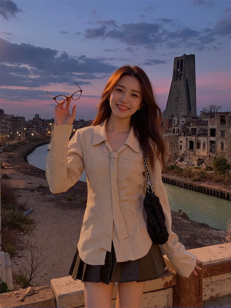 

Korean Shirts Women Straight Cut Comfort Cotton Blend Elegant Daily Wear Crew Neck Casual Style Gentle Color All-match Spring