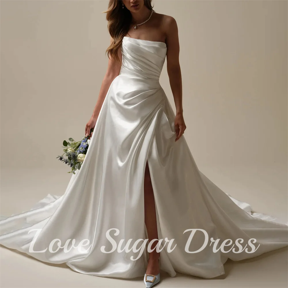 Simple Satin Pleated Wedding Dresses Sleeveless Back Button Bridal Gown A Line Side Slit Long Train Bride Dress vestido de novia