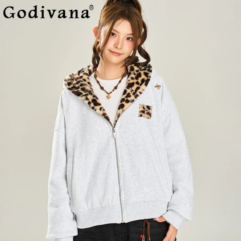 

Autumn Winter Leopard Print Sweatshirts for Women Inner Warm Fleece Loose Hoodies Female Cat Ear Zipper Hooded Sweatshirts