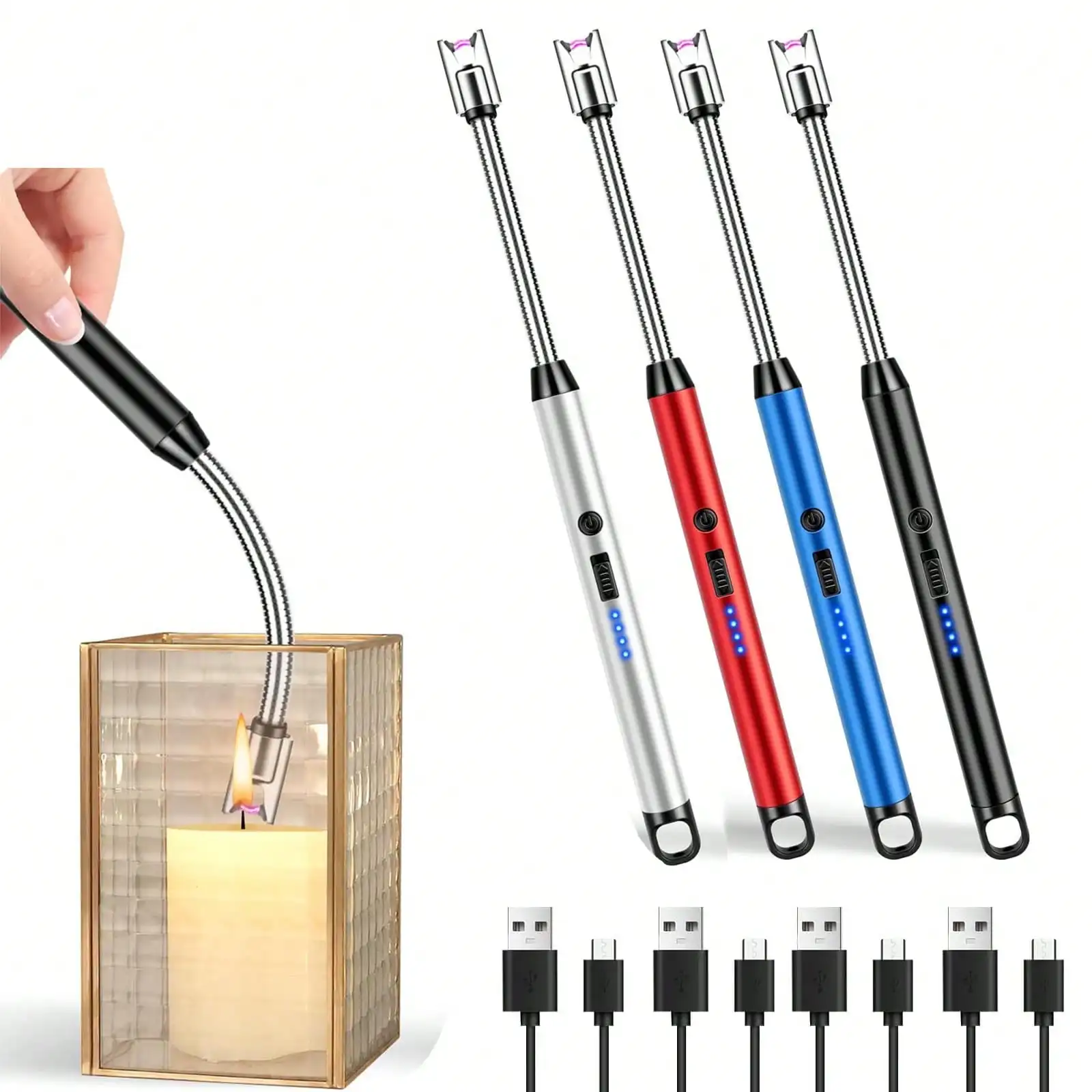 4pcs Electric Lighter, Windproof Flameless USB Lighter,Campinglighter,Encendedor Candle Lighter, Rechargeable Lighter With Safety Lock, Upgraded LED Battery Level Display, Safety Switch, Suitable For Party Candles Cooking And BBQ Father's Day Gift