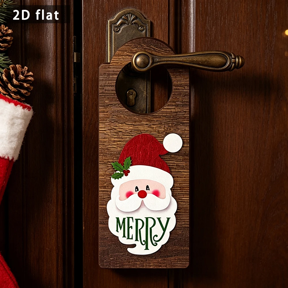 2D Flat Wooden Christmas Santa Claus Door Hanger Merry Doorknob Sign for Home Holiday Decor