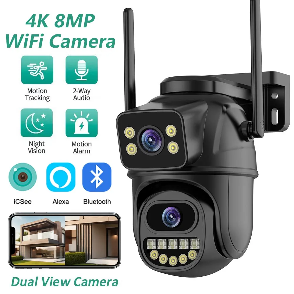 BELIA 4K 8MP WiFi Surveillance Camera, PTZ IP Camera ONVIF Dual Lens, 4X Digital Zoom, AI Human Detect,  Outdoor Security ICSEE