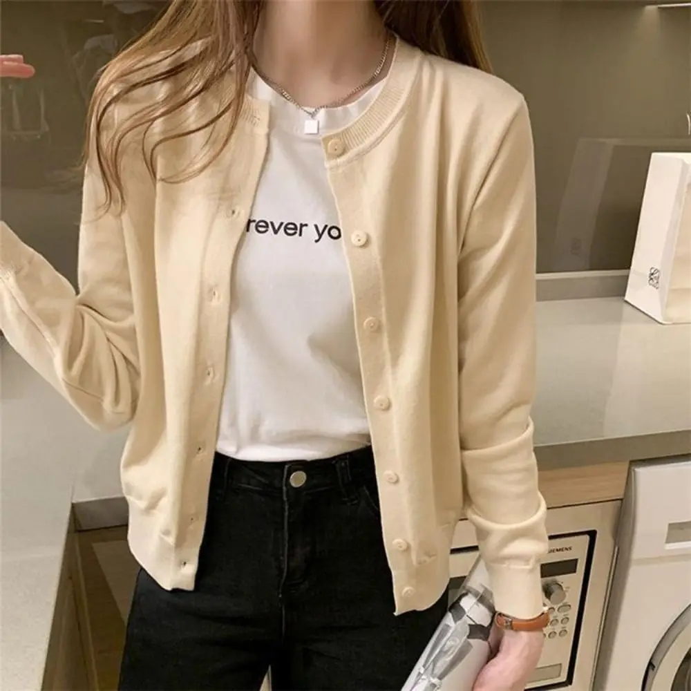 Casual Long Sleeve Knit Cardigan Single Breasted O Neck Women Cardigan Solid Color Cardigan Top