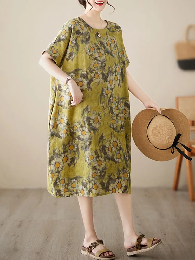 Frauen Sommer Casual Kleid Neue Ankunft 2023 Vintage Stil Oansatz Blumen Druck Lose Baumwolle Leinen Weibliche A-linie Lange Kleider B2493