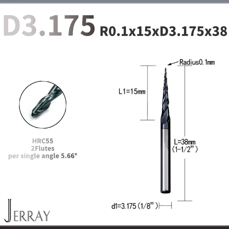 

JERRAY R0.1X15XD3.175X38 Твердый карбид вольфрама Конические сферические концевые фрезы 2D 3D Резьбовые биты Фреза с ЧПУ Деревообработка