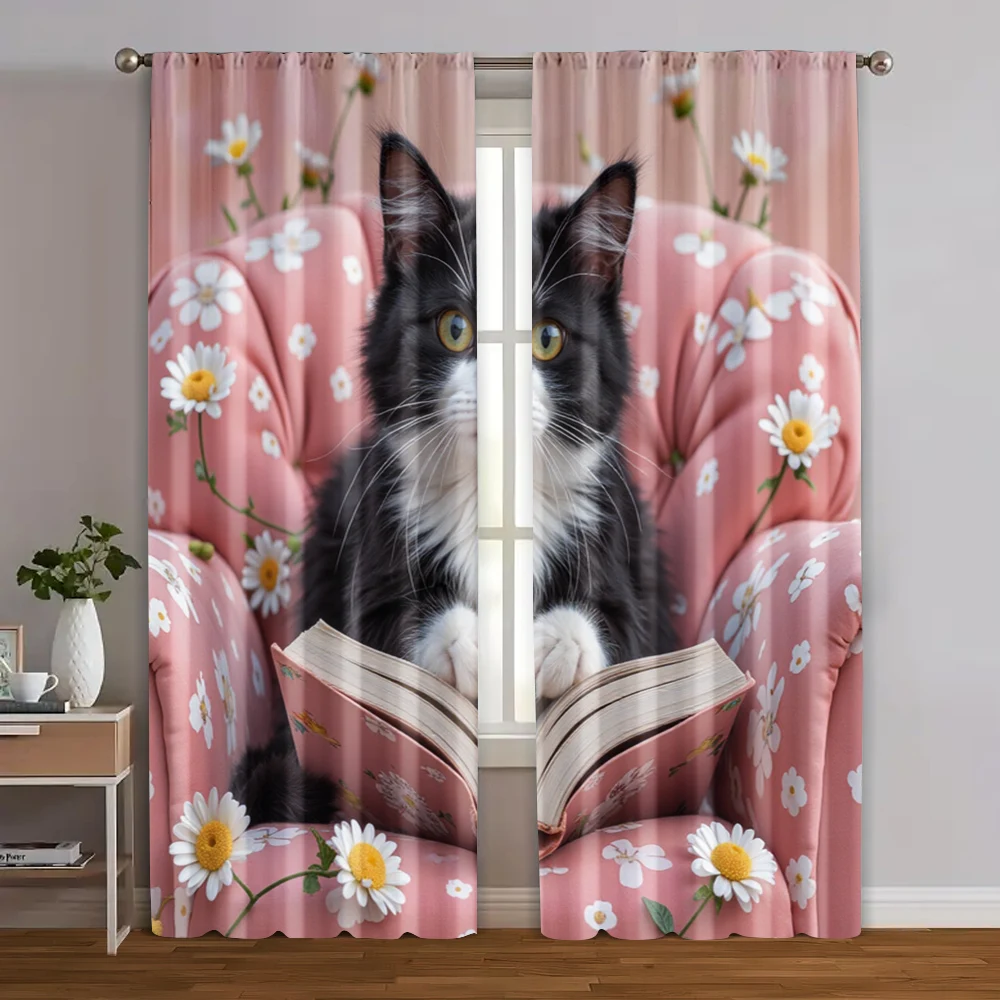 2pcs, Curtains Digital Printed Retro cat reading books 100% Polyester (without rod) Home Decor Ldeal for Kitchen Living Room