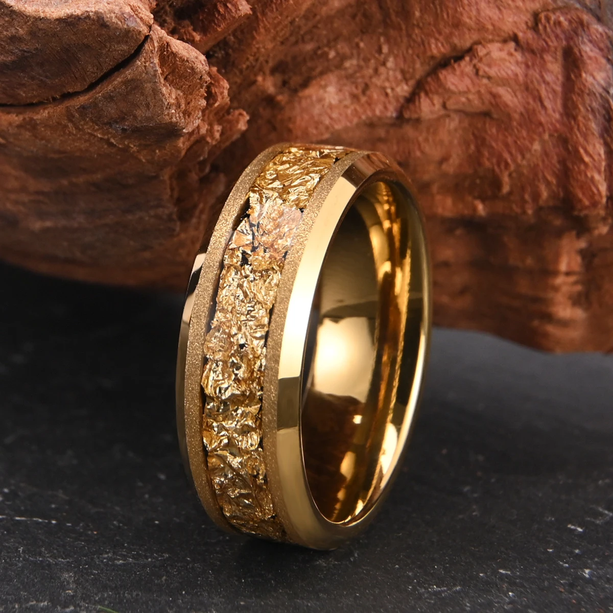 Golden Tungsten Carbide Ring 8mm/6mm Frosted Golden Leaf Men\'s Engagement Ring Novelty Style for Wedding Daily Wear