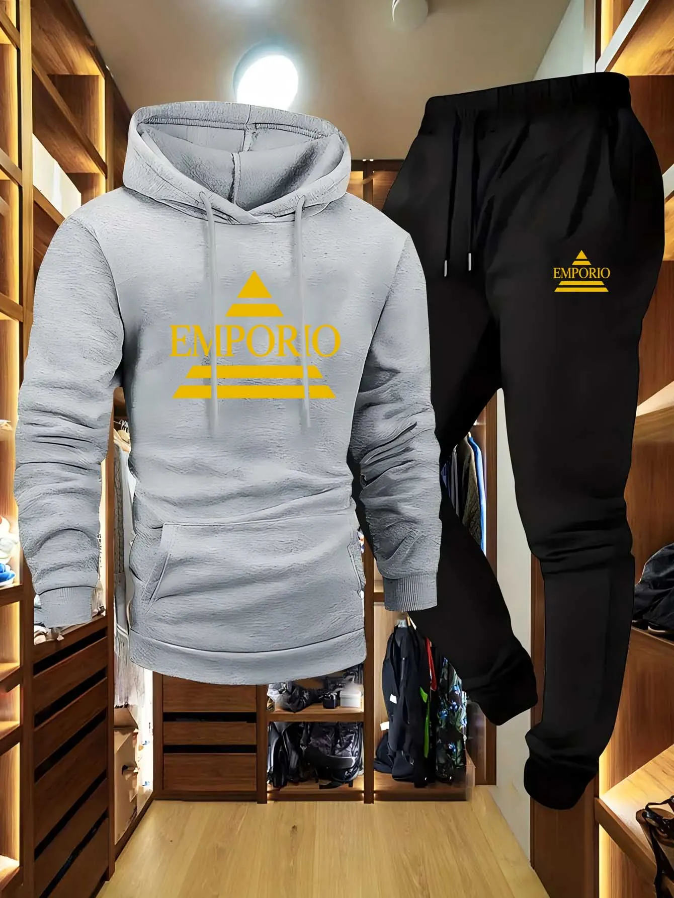 Conjuntos casuais masculinos de outono e inverno, incluindo jaquetas estampadas versáteis de rua americana, tops e calças masculinas