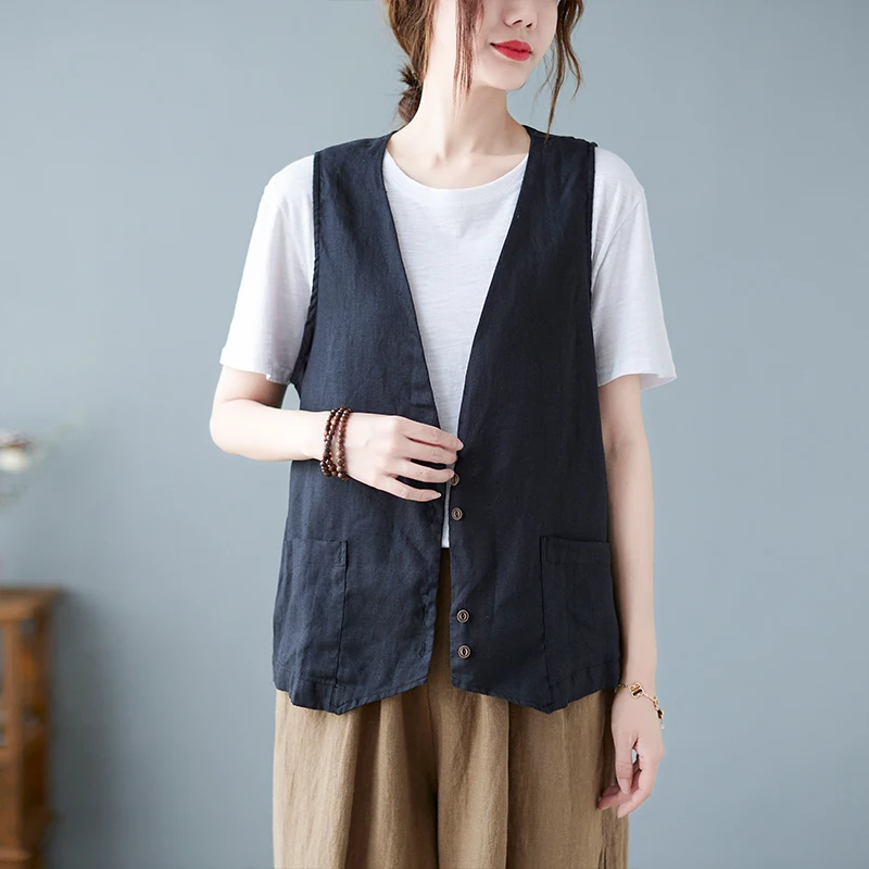 Colete de linho de algodão feminino ort Svel Jaet Top V-ne Botão Detalhe Cor Pura Commute Sle Roupa de Verão