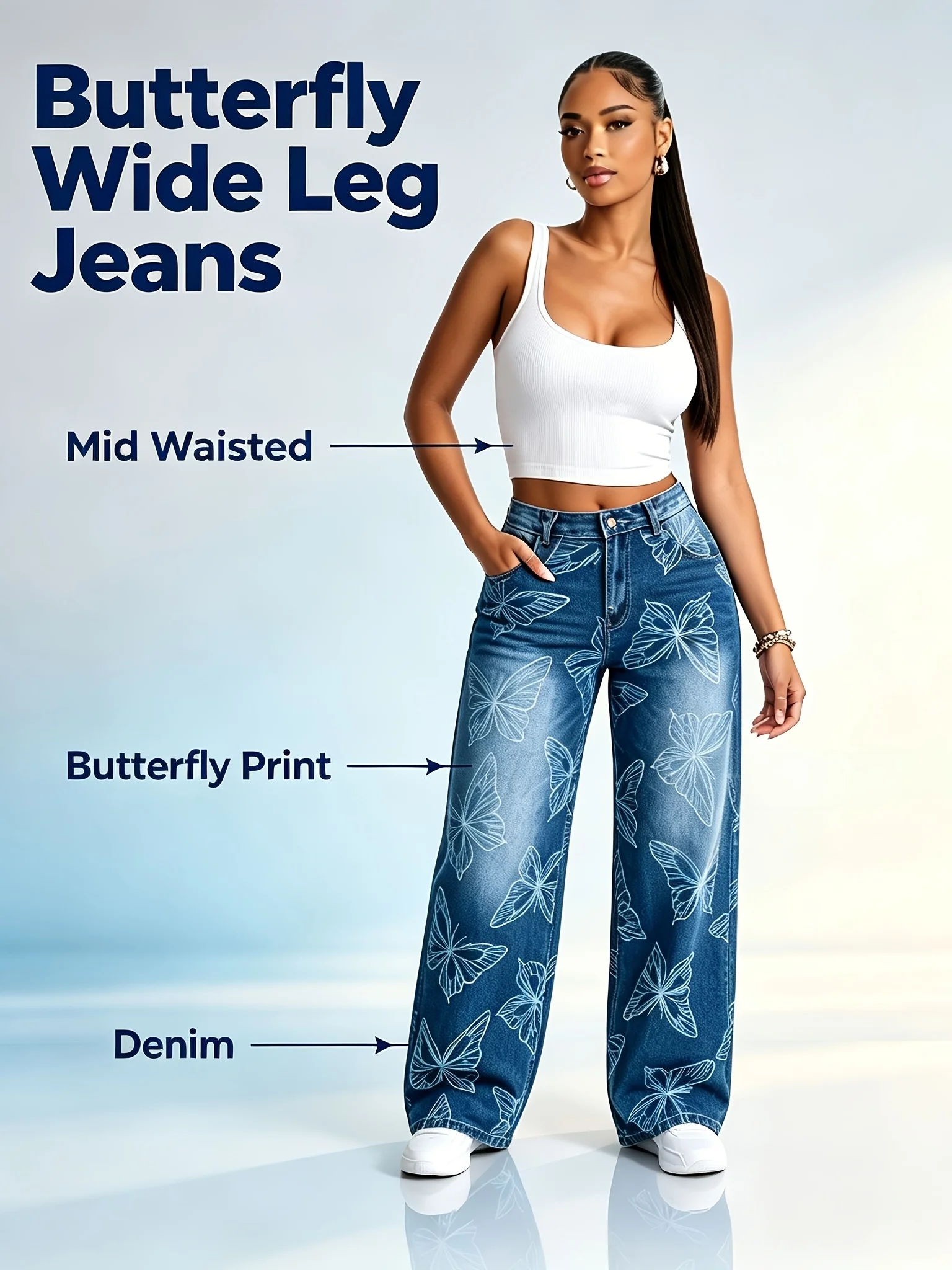 High Waist Butterfly Embroidered Wide Leg Jeans Women's Loose Fit Spring Autumn Casual Pants for Daily Wear Shopping Work Commut