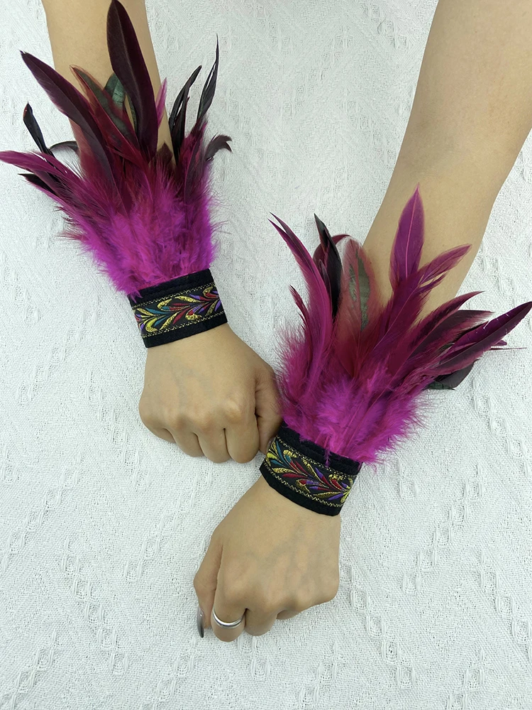 Natural Fur Wrist Cuffs Removable Wrap Bracelet Goth Clothes Sleeves Y2k Accessories Ancklets Fashion Retro Feather Gloves Cuff