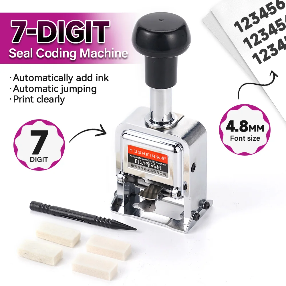 

Автоматическая цифровая нумерационная машина на 7 цифр для нумерации файлов, счетов, страниц с автоматической подачей чернил и автопреводом постранично