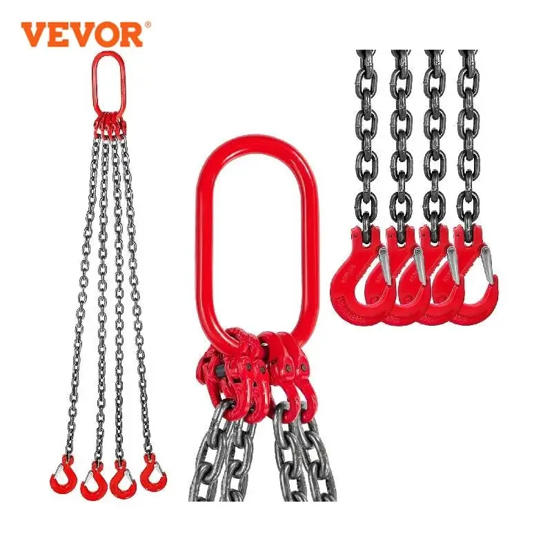 VEVOR 4T Chain Sling - 1M / 2M x 8MM Four Leg with Powder Coating Steel Hook - Grade 80 High Temperature Resistance for Lifting