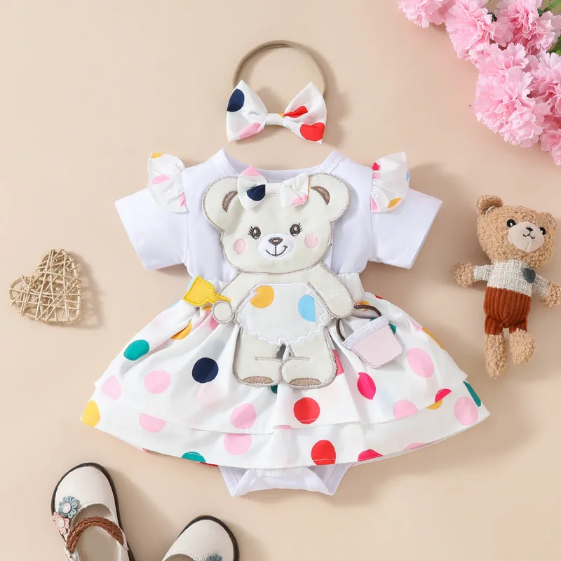 

Baby Girl Bodysuit 2 Piece Sets Summer Short Sleeve Round Neck Bear Patch Dot Dress + 3D Bow Headband Infant Toddler Outfits