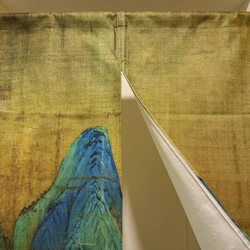 Traditional Chinese Landscape Painting Curtain (Blue and Green), Classical Mountain-river Pattern Door Curtain for Home Entrance