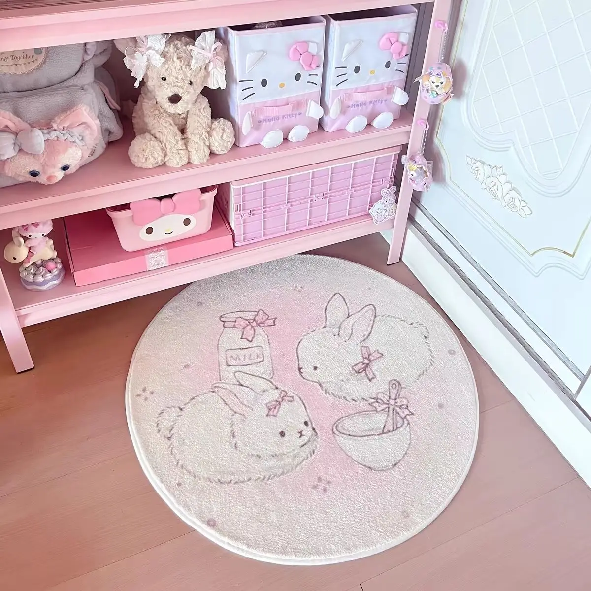 VIKAMA Pink Bow Rabbit Round Rug Non Slip Washable Plush Floor Mat Sweet Cartoon Girls Bedroom Indoor Home Decor Carpet Home