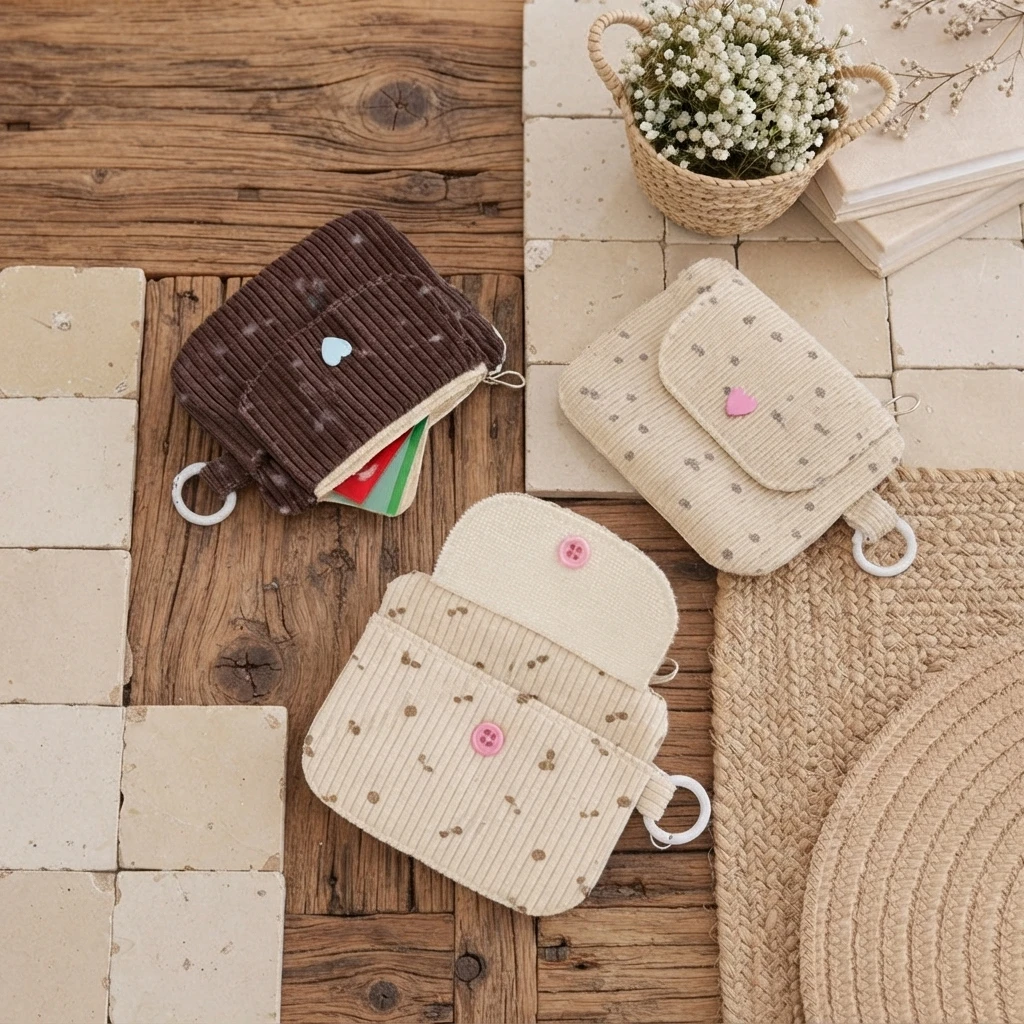Corduroy Printed Card Bag Hasp Zipper Coin Purse with Key Ring Kids Cute Purse Small Wallet Zipper Credit Card Holder ID Bag