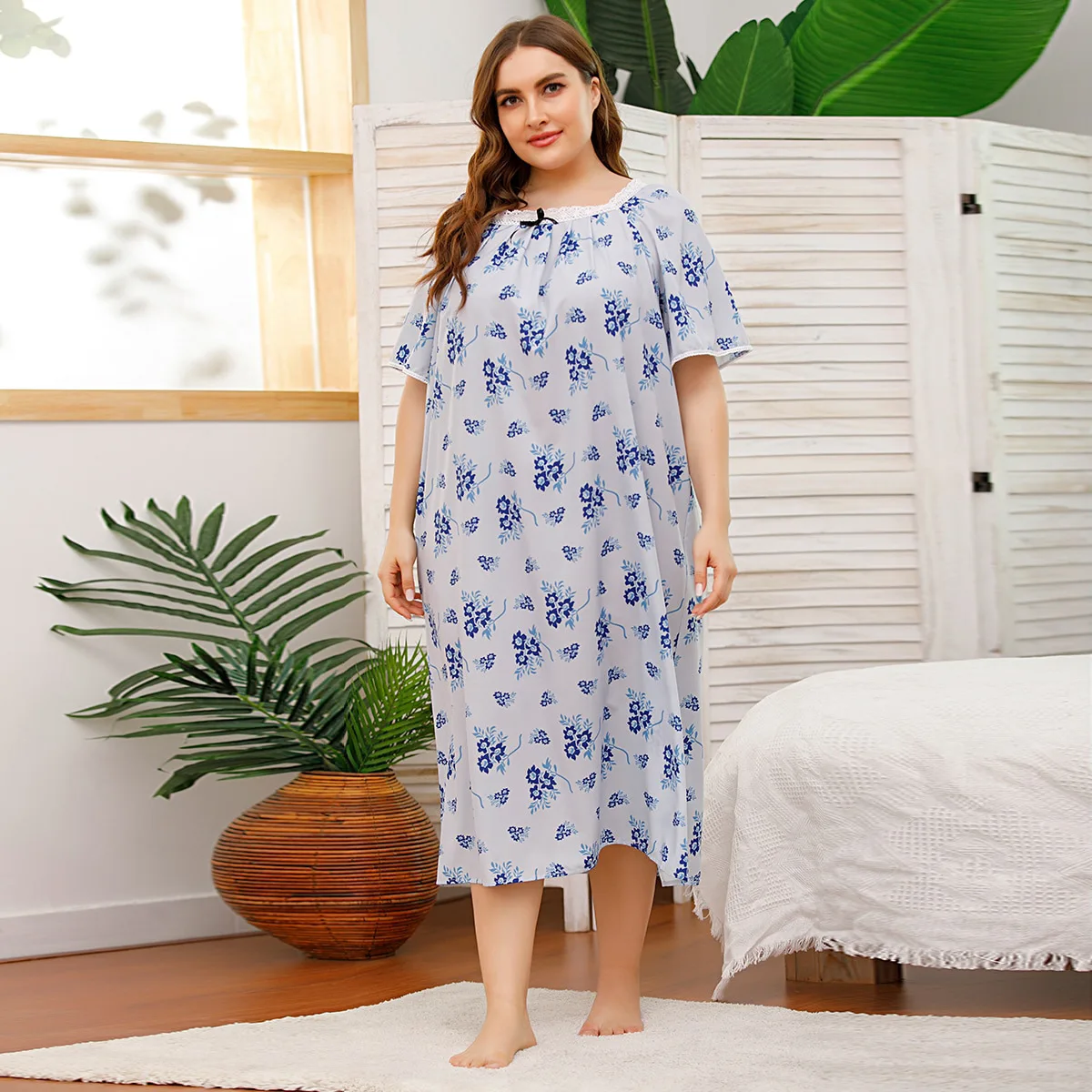 

New Plus Size Women's Loungewear Maternity Nightdress Short Sleeve Lace Splicing Printed Nightdress Casual Comfortable Nightgown