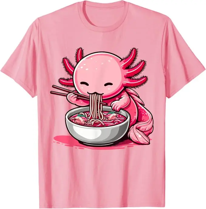 Anime Kawaii Axolotl Eating Ramen Noodles Kids Teen Girl Boy T-Shirt Cute Artwork Axolotl Lover Graphic Top Japanese Cartoon Tee