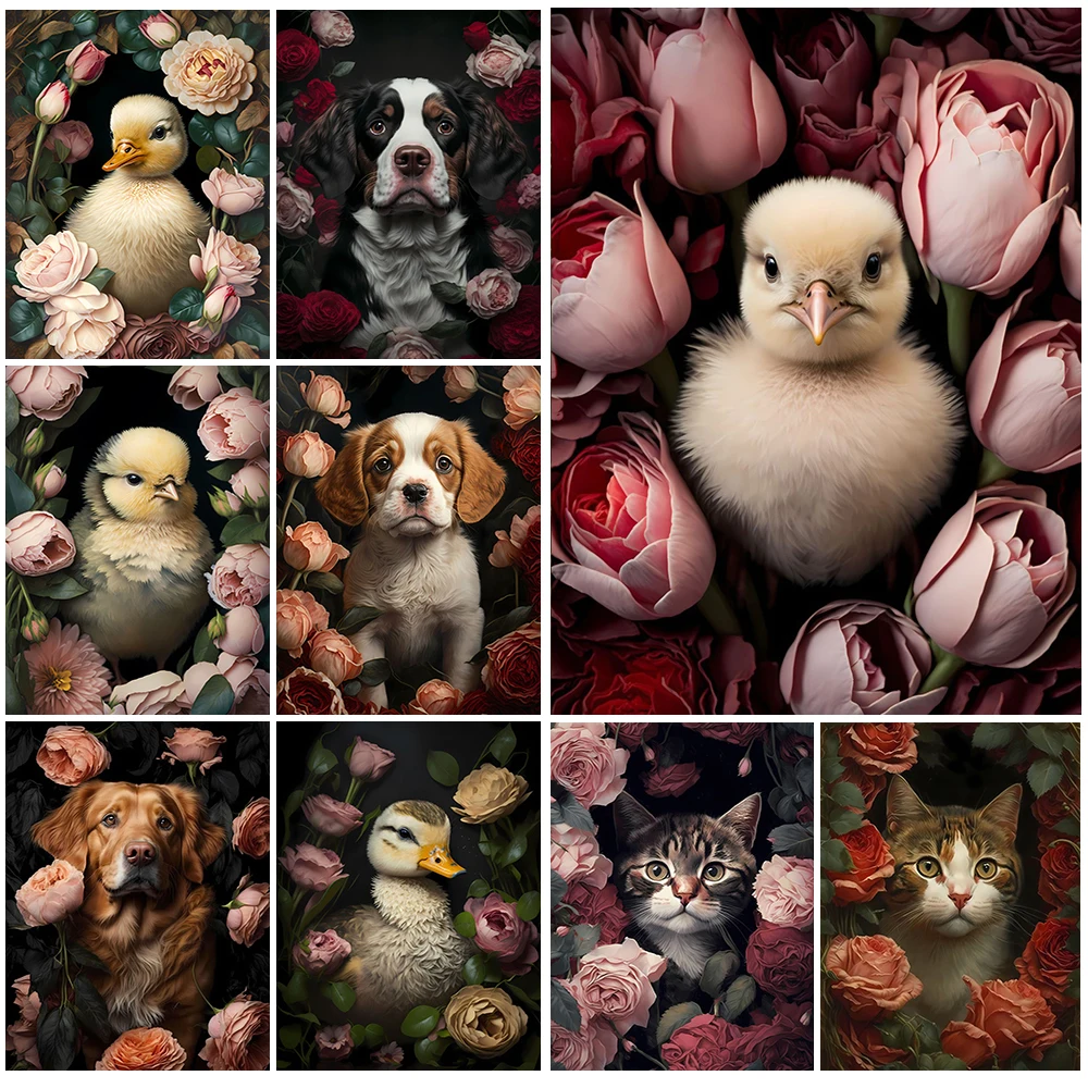 

Flowers Animals Peony Pet Dog Cat Duck Wall Pictures For Living Room Nordic Poster Wall Art Canvas Painting Home Decor Unframed