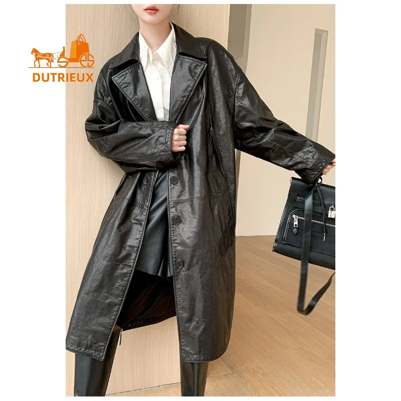 2025 New Autumn Women's Trench Coat Style Mid-length Genuine Leather Jacket, 100% Genuine Sheepskin, Women's Loose Fashion Coat