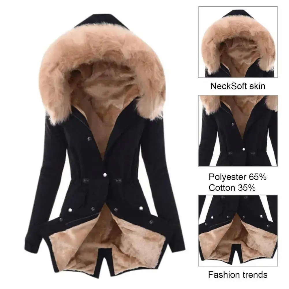 سترة نسائية من مزيج القطن مقاومة للرياح معطف شتوي مع جيوب بغطاء للرأس فروي وسحاب للإغلاق للطقس