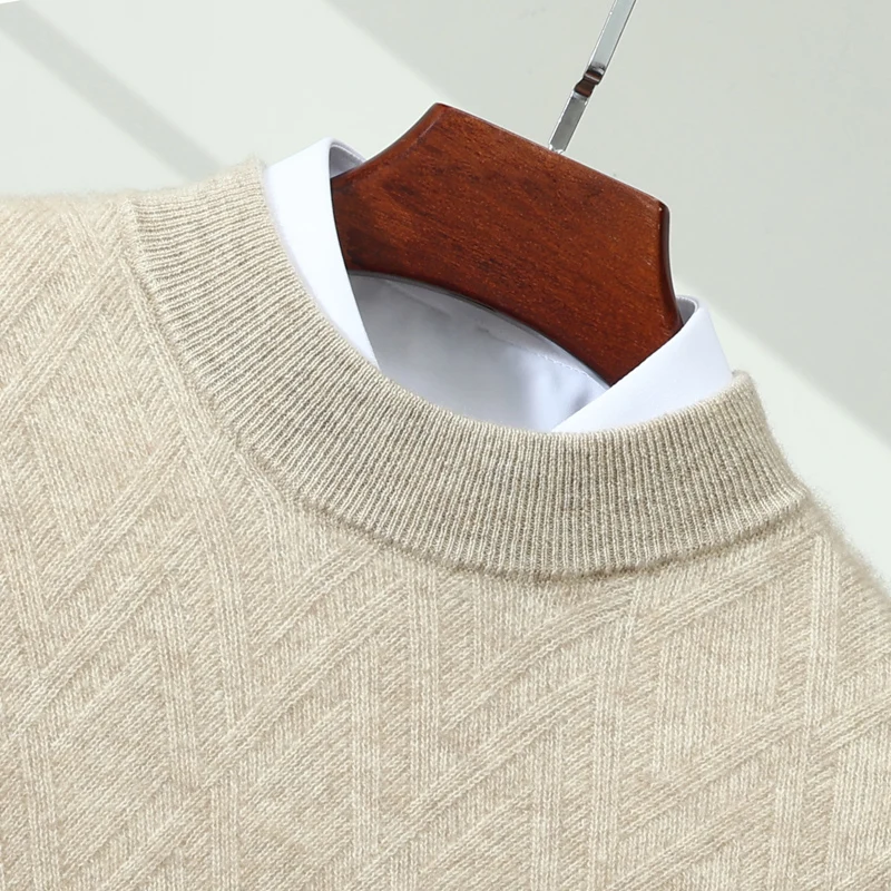 Men's 100% Cashmere Sweater Autumn Winter Half-High Collar Woven Pattern Knitted Loose Casual Base Shirt