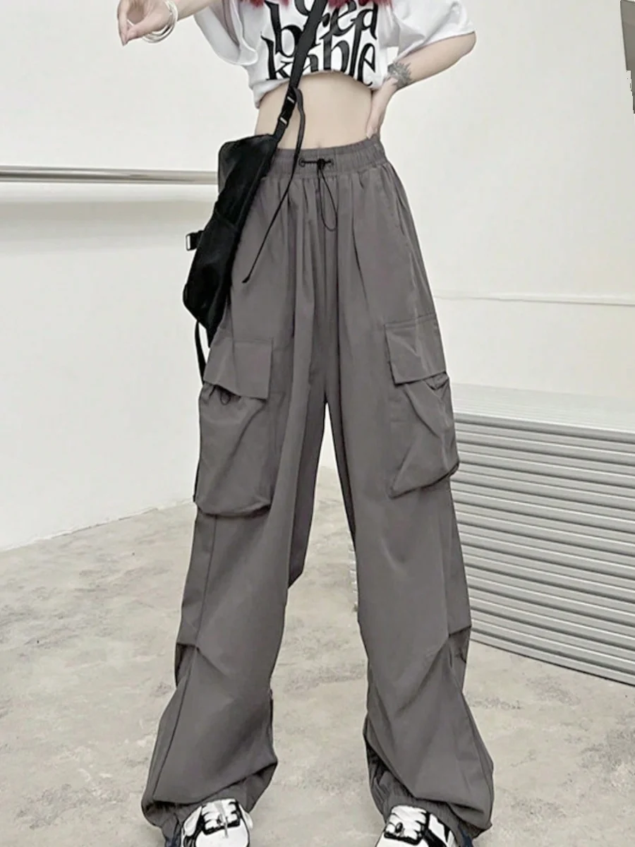 여름 빈티지 아메리칸 스타일 하이 스트리트 캐주얼 탄성 허리 루즈 피트 다목적 스트레이트 레그 와이드 레그 카고 바지 여성용