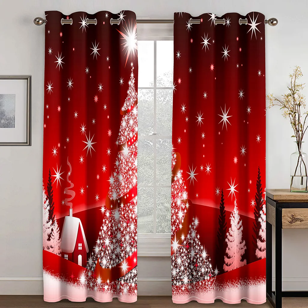 

Happy New Year Santa Snowflake Christmas Red Window Curtains Drapes for Kids Bedroom Living Room Kitchen Door Home Decor 2Pieces
