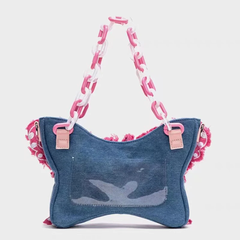 Original Handbag Denim Butterfly Contrast Color Design Shoulder Bag Women Armpit Bag Irregular Acrylic Chain Girls Crossbody Bag